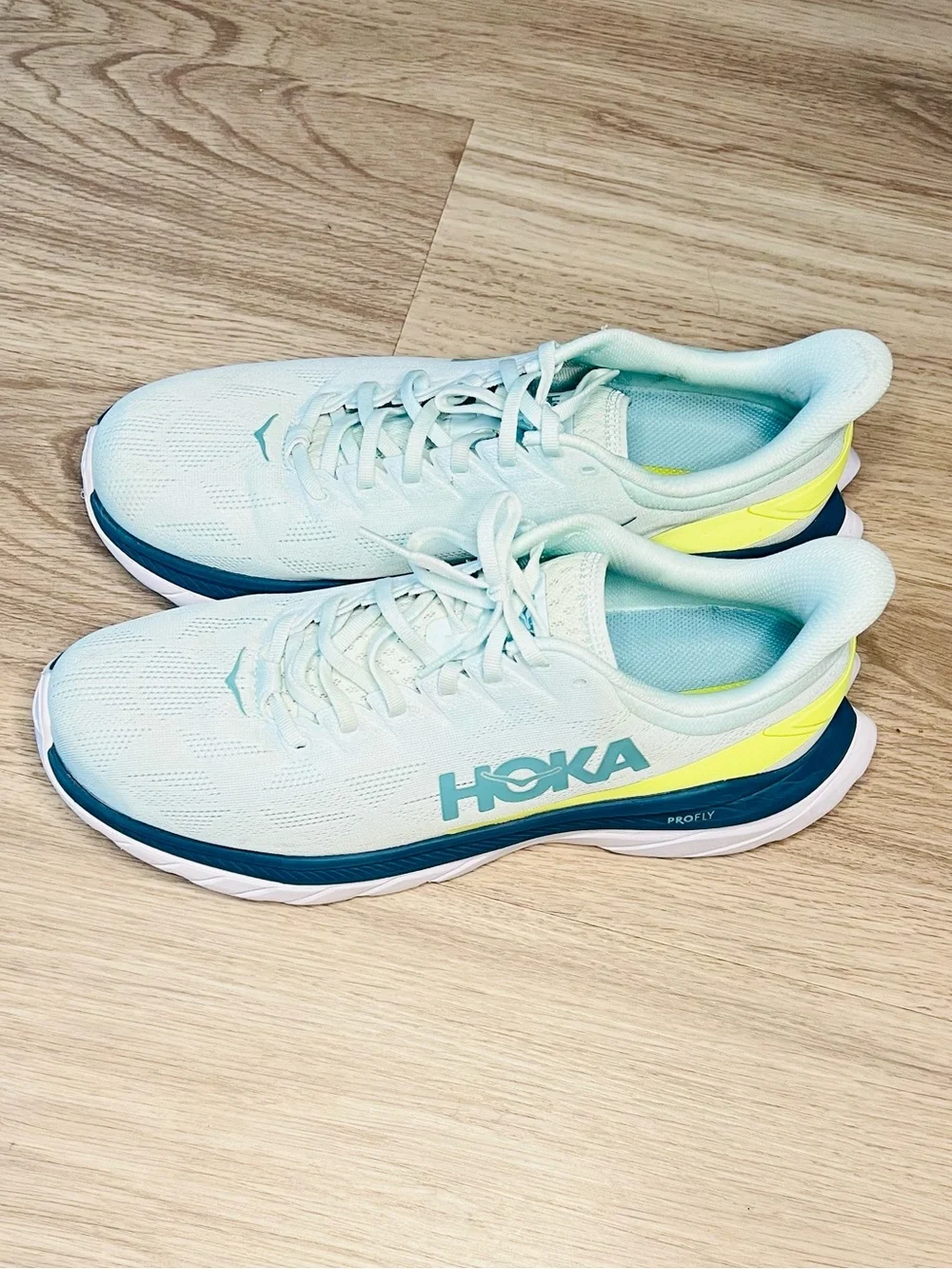 HOKA ONE ONE MACH 4 Men’s 12D Blue Glass Evening Primrose Athletic Running Shoes
